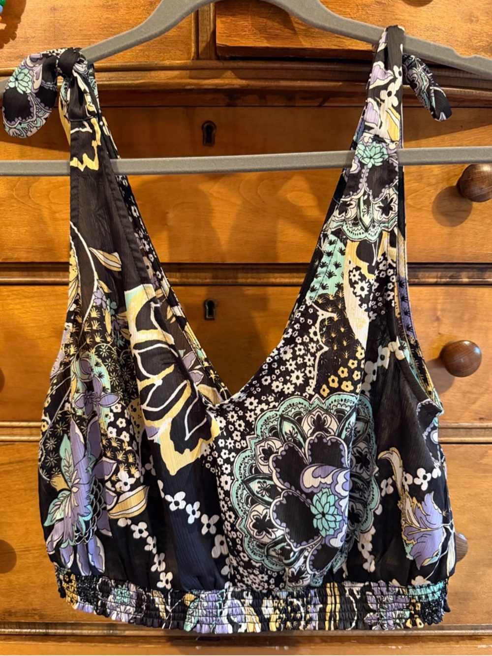 NWOT Free People Weekend At Montauk Crop Top in Black Floral Adjustable Size Med